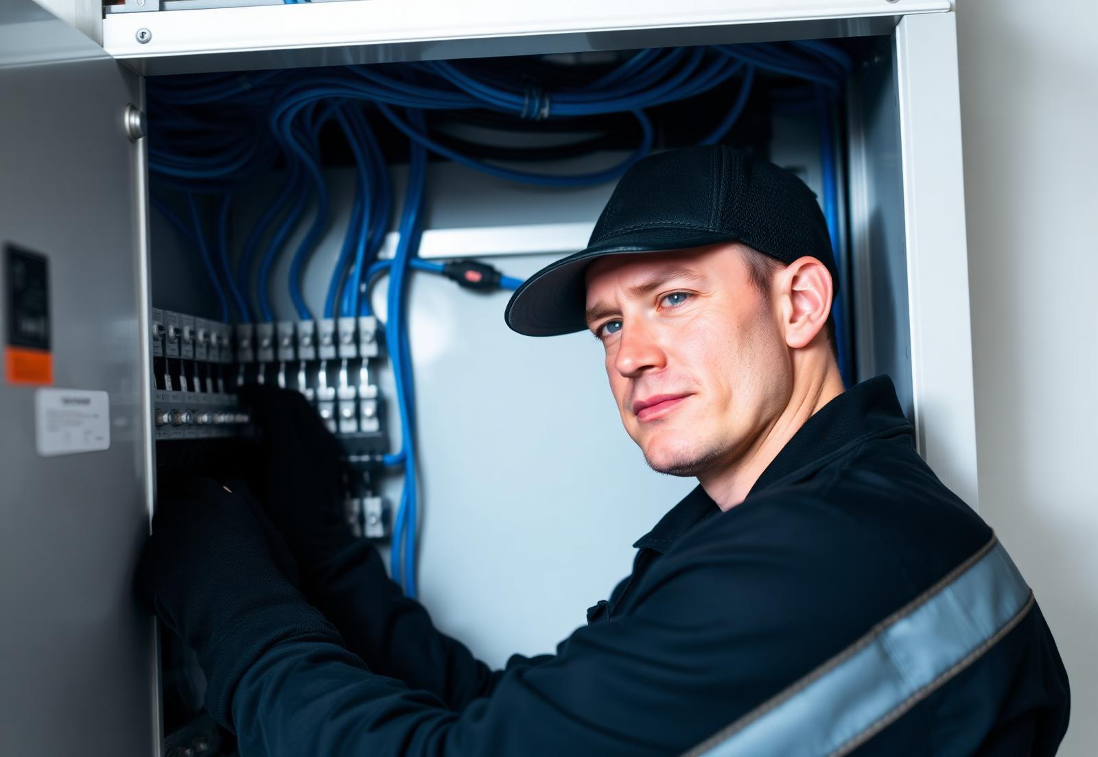 Elektriker som arbetar med en elcentral i en modern fastighet
