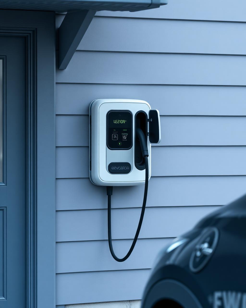 Laddbox för elbil monterad på husvägg med laddkabel ansluten till bil