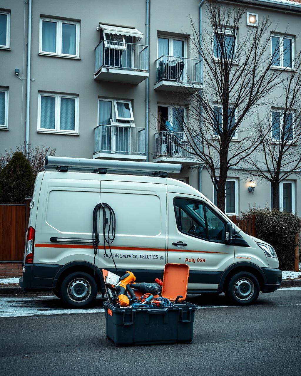 Servicebil och verktygslåda med elverktyg utanför ett flerbostadshus
