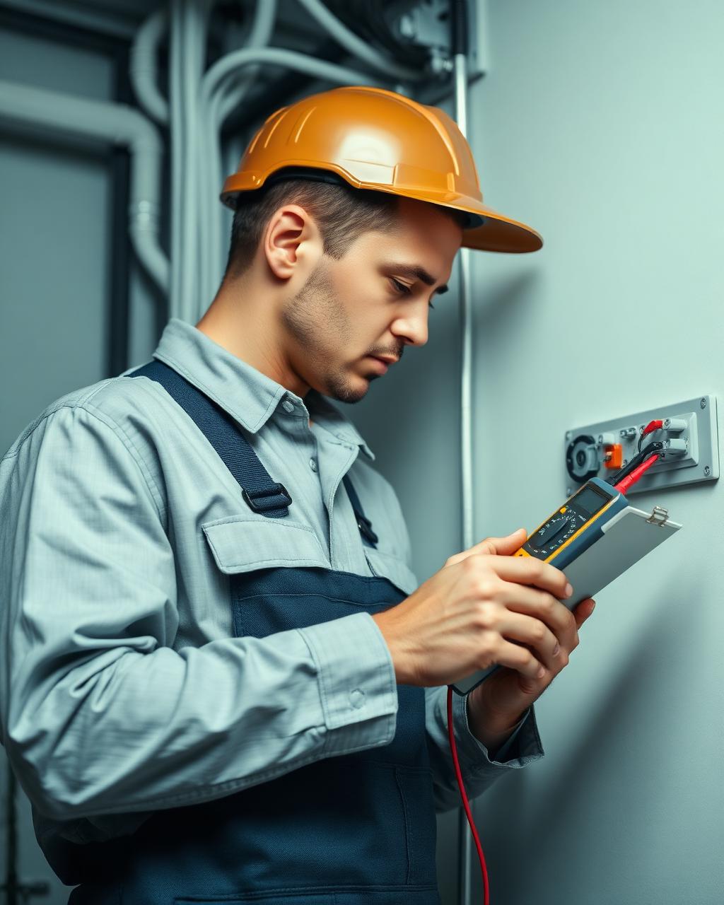 Eltekniker som mäter med multimeter och dokumenterar en elinstallation