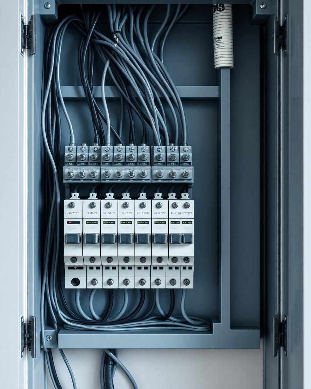 Nyinstallerad elcentral med automatsäkringar och prydligt dragna kablar